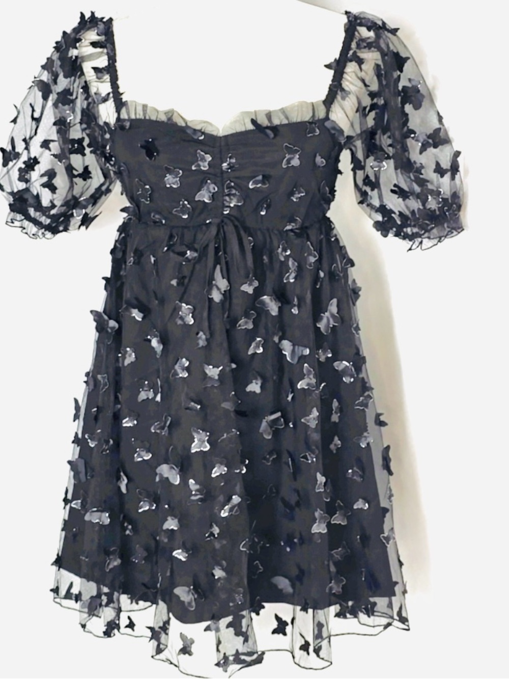 Thirty/Thirty Short Black Puff-Sleeve dress with butterfly appliqués XSmall